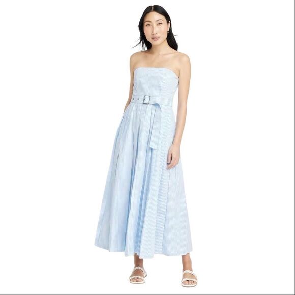 A New Day Striped Bandeau Belted Midi Sundress Dress Blue White 2 - Picture 1 of 15